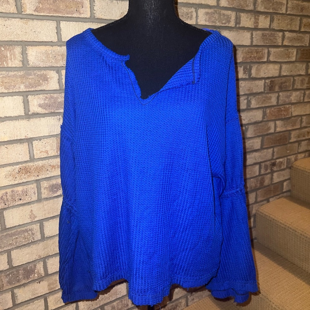 free people waffle knit shirt, royal blue